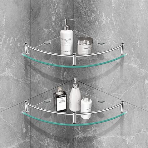 Amazon.com: Glass Corner Shelf Glass Shelves for Bathroom Shower Corner Shelf with Rail Wall Mounted Drill Hole for Inside Shower 2 Pack : Tools & Home Improvement Corner Shelves Design, Glass Shelves For Bathroom, Shower Corner Shelves, Glass Shower Shelves, Shelf With Rail, Glass Corner Shower, Corner Shower Shelf, Glass Corner Shelves, Shower Corner Shelf