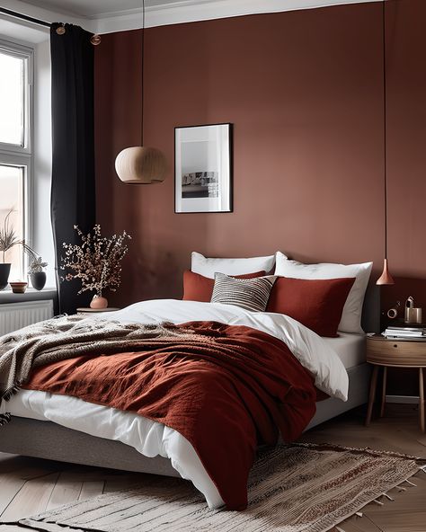 Autumn Colour Interior Design, Muted Orange Bedroom, Rust Red Bedroom, Rust Coloured Bedroom, Bedroom 2025 Trends, Terracotta And Grey Bedroom, Brick Red Bedroom, Cinnamon Bedroom, Red Brown Bedroom