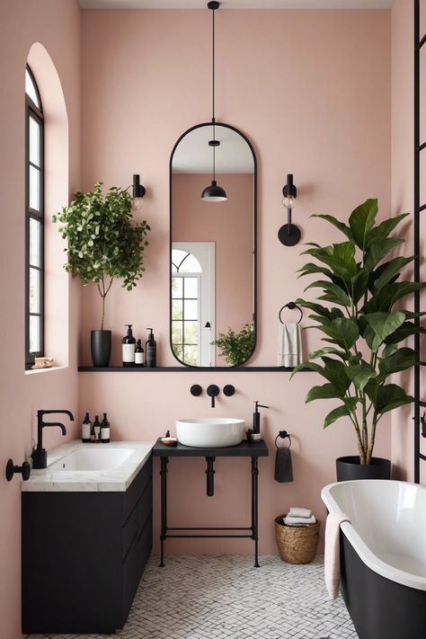 Bathroom Black Interior, Pink Bathroom Black And White Floor, Pink Ground Farrow And Ball Bathroom, Pink Wall Bathroom Ideas, Pink Master Bath Ideas, Small Bathroom Design Decor, Modern Bathroom Design Bathtub, Pink Bathroom Ideas Small, Pink Mid Century Bathroom