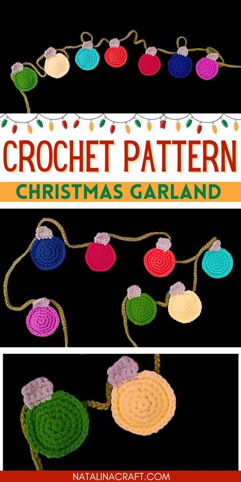 crochet christmas garland over a black background - 3 different pictues Crochet Ornament Garland, Crochet Light Garland, Crochet Snowman Garland, Crochet Xmas Garland, Crochet Christmas Lights Garland, Christmas Tree Garland Crochet, Crochet Christmas Garland Pattern, Christmas Crochet Garland Free Pattern, Crochet Christmas Bunting