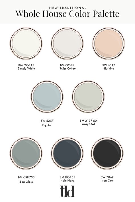 4 Steps to Create a Whole-House Color Palette Modern Vintage Color Scheme, Studio Mcgee Living Room Paint Colors, House Color Schemes Interior Modern, Modern Colonial Color Palette, Whole House Design Scheme, While House Color Palette, Whole House Color Schemes Interior, Transitional Color Palette For Home, House Color Pallet Interiors