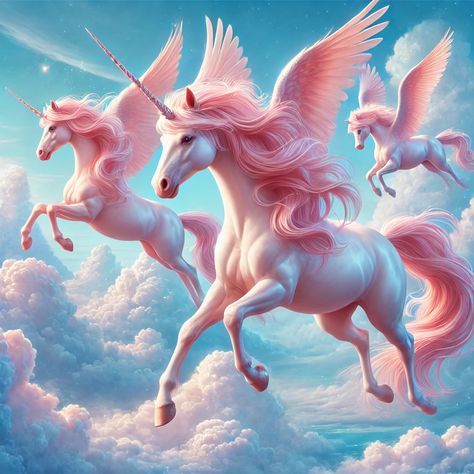 Pink flying unicorns White Pegasus, Unicorn Artwork, Flying Unicorn, Pegasus Unicorn, Mythical Creatures, Pink