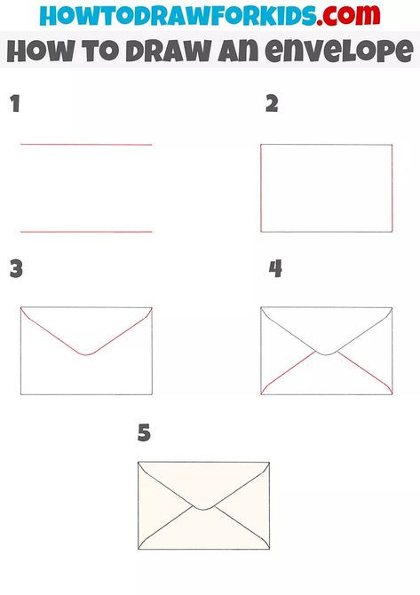 How to Draw an Envelope - Easy Drawing Tutorial For Kids Envelope Drawing Doodles, Drawing For Beginners Step By Step, Envelope Drawing Ideas, Envelope Drawing, Envelopes Ideas, Calendar Doodles, Easy Envelope, Drawing Guides, How To Draw Steps