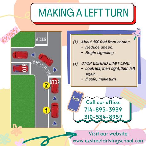 Basic Driving 101: Let's learn how to make a left turn 👈⬅️🚦🚙🛣 These left turn techniques are guaranteed to be asked on your driving test ✅🚗 Visit our website now!💻 www.ezstreetdrivingschool.com Call us ☀️ Orange County🍊: (714)895-3989 South Bay Area⛵️: (310)534-8959 Dmv Driving Test, Driving Tips For Beginners, Learning To Drive Tips, Driving Test Tips, Learn Car Driving, Driving Theory Test, Driving Basics, Safe Driving Tips, Driving Exam