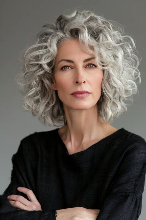 Curly Hairstyles Over 60 That Will Make You Feel Fabulous Mid Length Curly Gray Hair, Youthful Gray Hairstyles, Gray Shag Hairstyles Over 50, Gray Curly Hairstyles, Silver Curly Hair Natural Curls, White Curly Hairstyles, Salt And Pepper Curly Hair, Short Curly Gray Hair, Gray Curly Hair Natural Curls