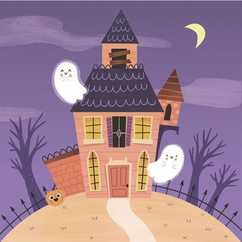 Halloween Abc, Halloween Windows, Haunted House Drawing, Halloween Doodles, Halloween Pink, Halloween Tutorial, Halloween Sweets, Mid Century Illustration, Illustration Cute