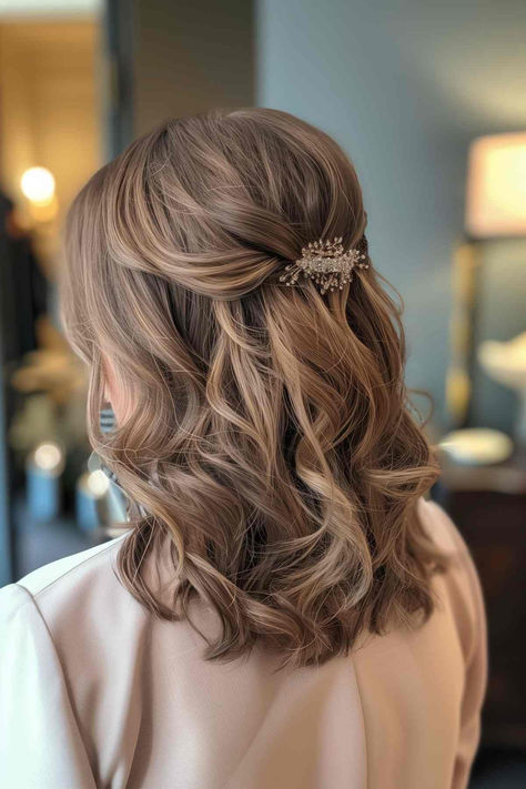 25%20Elegant%20Medium-Length%20Formal%20Hairstyles%20for%20Any%20Special%20Event%20This%202024 Simple Hair For Bridesmaids, Wedding Hair For Straight Fine Hair, Hair Styles For Wedding Medium Length, Hair Pin Ups Wedding Guest, Bridesmaid Hairstyles Medium Length Hair, Medium Hairstyle Bridesmaid, Hairdo Simple Medium Hair, Prom Hairstyles Medium Length Hair, Prom Hair Shorter Hair