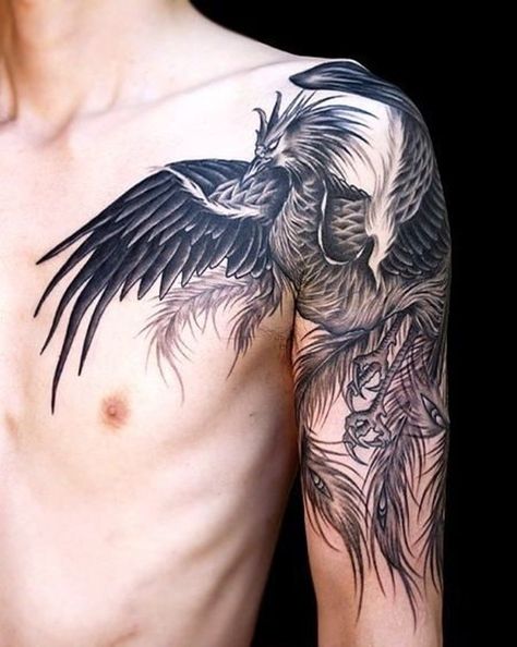 Belly Tattoos For Women, Phoenix Tattoo Men, Phoenix Tattoo Sleeve, Bird Tattoo Men, Phönix Tattoo, Cool Shoulder Tattoos, Phoenix Tattoo Design, Tattoo Trend, Mens Shoulder Tattoo