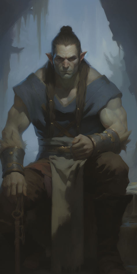 Half Orc Barbarian Male, Dnd Orc Character Design, Orc Warrior Male, Half Orc Character Design, Half Orc Male Character Design, Half Elf Barbarian, Half Orc Dnd Male, Half Orc Wizard, Handsome Orc