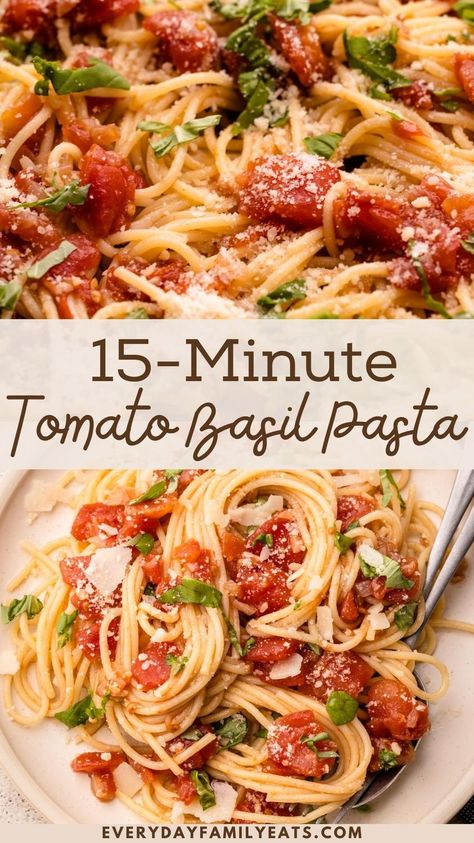 With classic flavors we all know and love, this Tomato Basil Pasta uses pantry staples and can be made with either canned tomatoes or fresh! Essen, Spaghetti With Diced Tomatoes, Pasta With Fresh Cherry Tomatoes, Tomato And Basil Recipes, Piccata Pasta, Chicken Piccata Pasta, Basil Pasta Recipes, Fresh Tomato Recipes, Tomato Basil Pasta