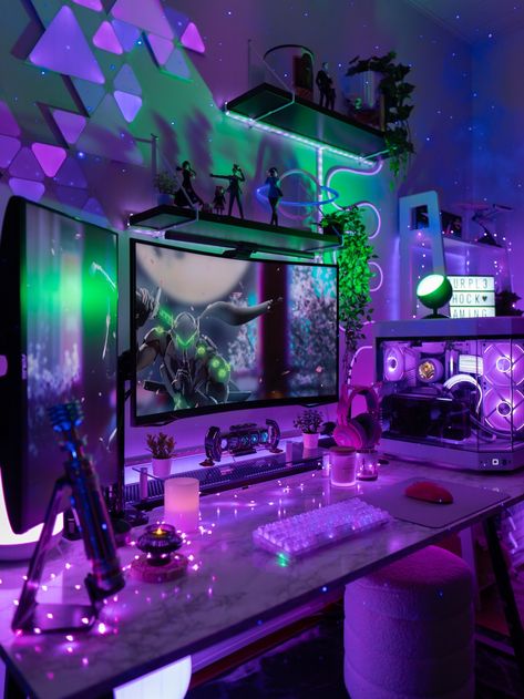 purpl3shock | Sofia | RGB Gaming Setup (@purpl3shock_gaming) on Threads Rgb Gaming Setup, Anime Hypebeast, Cyberpunk Room, Games Room Inspiration, Small Game Rooms, Gamer Setup, Pc Gaming Setup, Pc Desk, Gaming Office