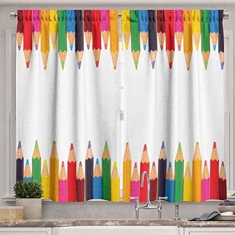 Lunarable Science Kitchen Curtains, Coloured Pencils Painting Theme Primary Creativity ABC Print, Window Drapes 2 Panel Set for Kitchen Cafe Decor, 55" x 39", Multicolor School Kitchen, Kitchen Window Curtains, Children Painting, Small Window Curtains, Abc Print, Long Kitchen, School Creative, Kitchen Cafe, Modern Curtains