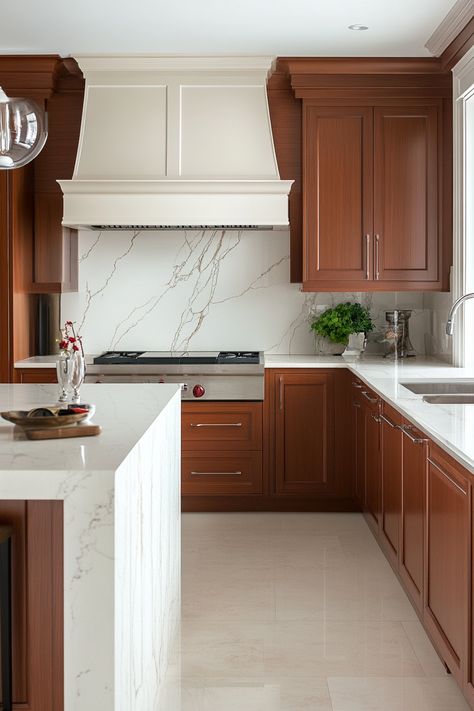 cherry-cabinets-kitchen Cherry Oak Cabinets Kitchen, Cherry Wood And White Kitchen, Two Tone Cherry Kitchen Cabinets, Kitchen Design Cherry Cabinets, Modern Cherry Kitchen, Kitchen Remodel Cherry Cabinets, Kitchens With Cherry Wood Cabinets, Cherry Oak Kitchen Cabinets, Updating Cherry Cabinets Kitchen