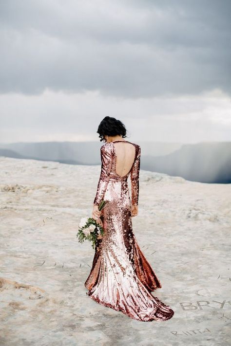 Rose Gold Sequinned Wedding Dress | Heart and Colour Queensland Wedding Photographers | HOORAY! Mag | Bridal Inspiration Rose Gold Wedding Dress, Colored Wedding Dress, Gold Wedding Dress, Wedding Dress Sequin, Sequin Wedding, Traditional Wedding Dresses, Blue Mountains, Rose Gold Wedding, Wedding Dress Inspiration