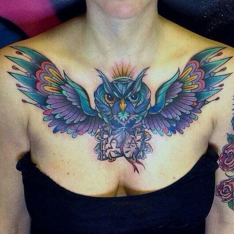 Owl Chest Piece, Owl Tattoo Chest, Owl Tat, Chest Tattoo Ideas, Chest Tattoo Female, Awesome Owls, Chest Hair, Tattoo Female, Lijiang