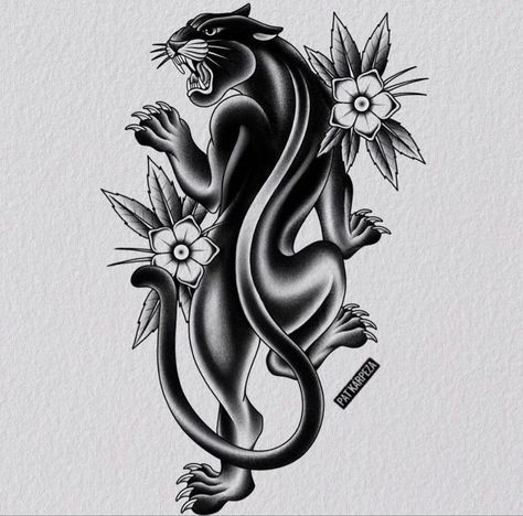 Traditional Panther Tattoo, Traditional Snake Tattoo, Black Panther Tattoo, Traditional Black Tattoo, Jaguar Tattoo, Traditional Tattoo Inspiration, Panther Tattoo, Flash Tattoo Designs, Old School Tattoo Designs