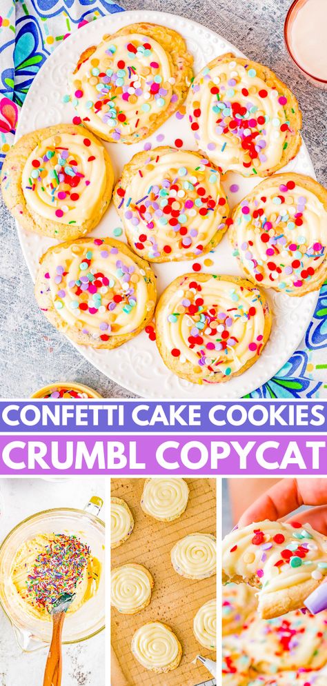 Confetti Cake Cookies (Crumbl Cookie Copycat Recipe) - Jumbo, super soft, slightly chewy cake mix cookies that are a PERFECT COPYCAT of the famous Crumbl Cookies! Loaded with rainbow and confetti sprinkles, and topped with vanilla cream cheese frosting, these are a dead ringer for the real thing! Crumbl Cookie Copycat Recipe, Crumbl Cookie Copycat, Confetti Cake Cookies, Chewy Cake, Cookies Crumbl, Funfetti Cake Mix Cookies, Crumble Cookie Recipe, Confetti Cookies, Vanilla Cream Cheese