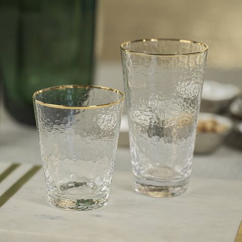 Negroni Hammered Glasses - Clear with Gold Rim Double Old Fashioned Dimensions: 3.5" x 4.25 Capacity: 342 ml // 11.6 oz Highball Dimensions: 3.5" x 6" Capacity: 470 ml // 15.9 oz Stationary Shop, Glasses Clear, Foam Cups, Highball Glass, Old Fashioned Glass, Negroni, Decorative Pottery, Glass Texture, Glass Cup