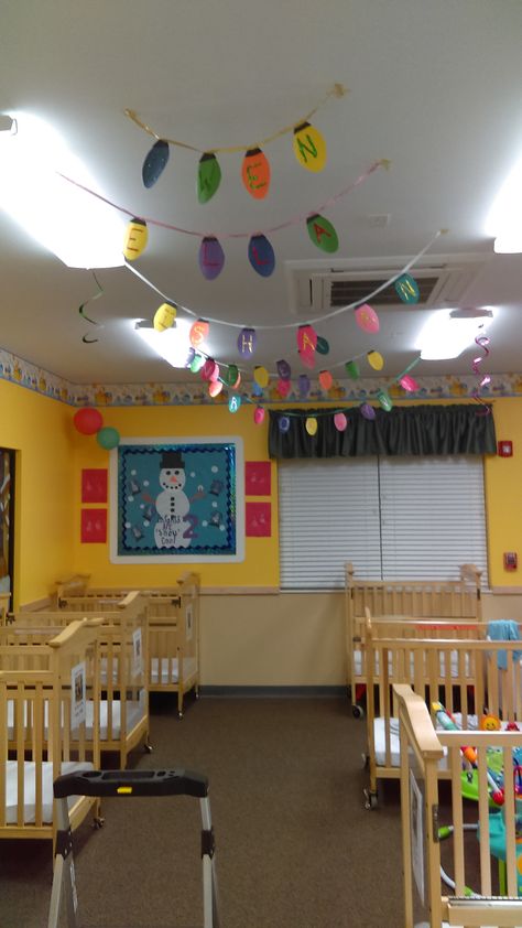 Hanging Art From Ceiling Classroom, Daycare Ceiling Decorations, Change Is All Around Theme Infants, Infant Room Ideas, Infant Room Daycare, Orange Room, Infant Classroom, Daycare Room, Infant Room