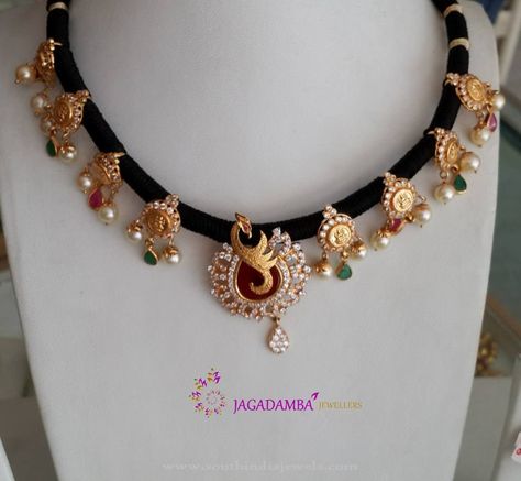 Beautiful Black Dori Necklace Designs, 22K Gold Black Dori Necklace Models, Black Threaded Necklace Collections. Black Thread Gold Jewellery, Black Thread Jewellery Indian, Threaded Necklace, Choker Designs, Thread Necklace, Gold Jewelry Simple Necklace, Silk Thread Jewelry, Gold Mangalsutra Designs, Gold Necklace Indian Bridal Jewelry