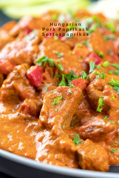 My Pork Paprikash is a delicious take on a Hungarian Sertéspaprikás, a simple dish featuring juicy pork in a silky, paprika rich sauce. Hungarian Pork Stew, Hungarian Pork Goulash, Hungarian Pork Goulash Recipes, Hungarian Pork Chops, Pork Goulash Recipes, Pork Paprikash Recipe, Hungarian Paprikash, Pork Paprikash, Pork Goulash