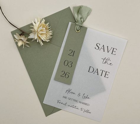 ✓ Save The Date Card     ✓ Frayed Ribbon    ✓ Greenery Style Announce your wedding with minimalist save-the-date cards! Gorgeous party stationery, perfect for your next event. Greenery, boho and simplistic styles are the hottest trends currently. Since they have a simplistic style, they will blend in with any party theme, color scheme, and style. The Save the date cards are part of our wedding stationery collection. However, you may use them for any other events, might that be an engagement part Sage Wedding Invite, Sage Green Save The Date, Save The Date Minimalist, Green Save The Date, Wedding Invitation Simple, Rustic Save The Date, Green Invitations, Minimalist Wedding Invitation, Rustic Save The Dates