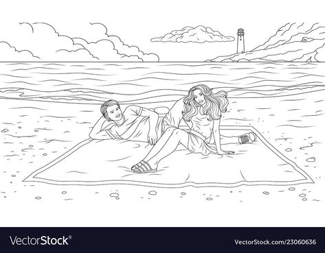 Beach Art Drawing, Beach Picnic Drawing, Couple In Beach Drawing, Beach Scene Coloring Pages, Woman On Beach Drawing, Summer Beach Coloring Pages, Beach Sketches, Beach Coloring Pages, Beach Drawing