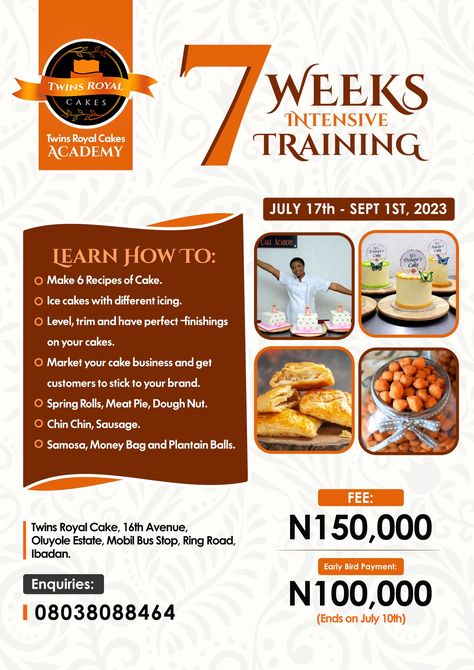 A baking training flyer design for a client (Twins Royal Cakes) Baking Flyers Design, Cake Flyer Design, Training Flyer Design, Bee Cafe, Class Poster Design, Small Chops, Ancient Paper, Royal Cakes, Catering Design