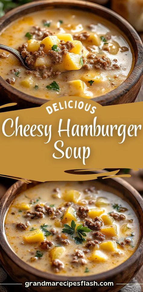 This Cheesy Hamburger Potato Soup is the ultimate comfort food, combining hearty ground beef, tender potatoes, and a creamy cheese broth for a rich, satisfying meal. Perfect for chilly nights, it’s quick to prepare and full of flavor! Cheesy Hamburger Potato Soup, Dinner Recipes Weight Watchers, Hamburger Potato Soup, Hamburger Stew, Quick Soup, Winter Soup Recipe, Beef Soup Recipes, Soup With Ground Beef, Crockpot Ideas