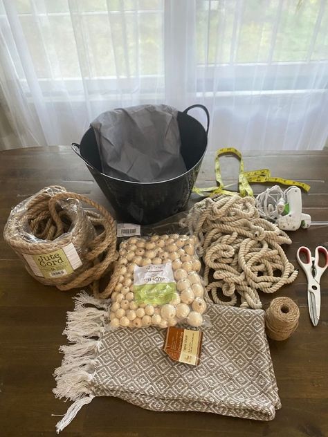 Diy Large Basket, Diy Dollar Tree Basket Ideas, Diy Basket With Lid, Boho Gift Basket Ideas, Diy Blanket Basket, Making Baskets Diy, Dollar Tree Basket Makeover, Dollar Tree Rope Crafts, Diy Plant Basket