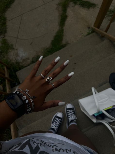 Rings Nails Aesthetic, Ring On Finger Aesthetic, Nails With Rings On Hand, Acrylic Nails With Rings, Nails And Rings Aesthetic, James Avery Aesthetic, James Avery Rings Aesthetic, Rings Silver Aesthetic, Silver Rings Aesthetic