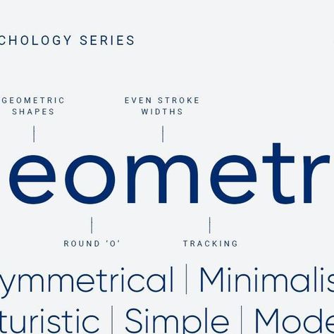 Kenny Song | Brand Designer on Instagram: "Geometric fonts are almost always sans-serif but they have specific characteristics. They are symmetrical and have letters that are as regular and uniform as possible with consistent weight or thickness, creating stability and balance. Geometric fonts can convey a modern or futuristic style due to their clean lines and minimalist aesthetic. Gill Sans and Futura were popular geometric fonts for modern and minimalist designs in their heyday. Overall, Geometric Sans Serif Font, Geometric Sans Serif, Kenny Song, Gill Sans, Geometric Font, Futuristic Style, Geometric Type, Minimalist Designs, Graphic Design Projects