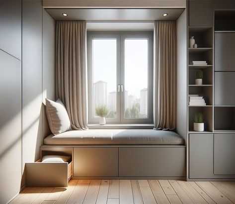 Modern Window Seat Ideas : Design Your Bay, Bedroom or Sitting Area Window Seater Design, Window Sitting Area Bedroom, Bow Window Bedroom, Window Seat Design Modern, Window With Seating Area, Wardrobe With Window Seating, Window Seating In Bedroom, Bedroom Window Seat Ideas, Bay Seating