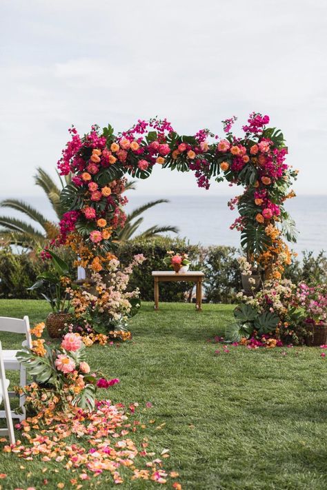 We are on the border between fainting and jumping in the air ecstatically after seeing this whimsical Bel Air wedding with a lush, tropical twist - hello, ombre floral arch! Katrina and Jesse wanted a fun party, and boy did they exceed with a whimsically colorful wedding to remember. Bay views, tile-inspired motifs, drippy bougainvillea and summer peonies - you best get ready to bookmark this page on #ruffledblog Wedding Ceremony Ideas, Outdoor Wedding Decorations, Floral Arch, Tropical Wedding, Instagram Page, Ceremony Decorations, Wedding Design, Outdoor Ceremony, Wedding Arch