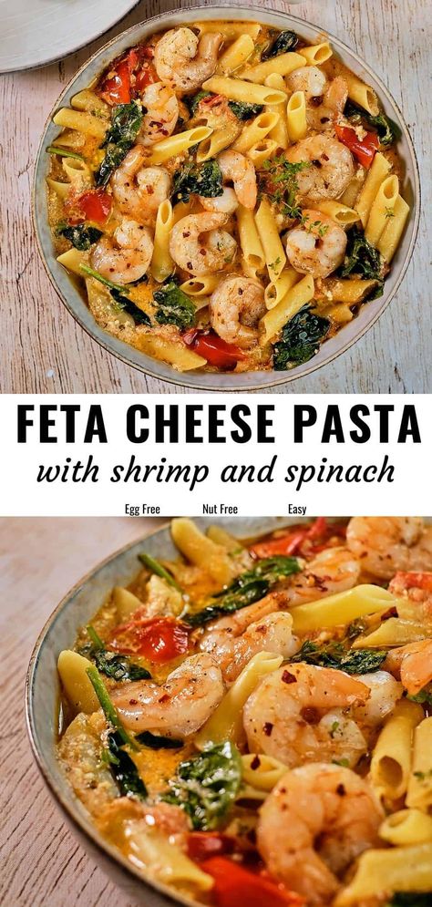 Pasta With Shrimp And Spinach, Feta Cheese Recipes Pasta, Feta Cheese Pasta, Pasta With Feta Cheese, Shrimp And Spinach, Tiktok Pasta, Cheese Pasta Bake, Spinach Pasta Bake, Spinach Pasta Recipes