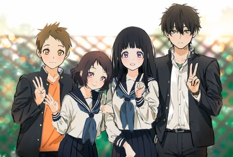 4 Anime Best Friends, 4 Friends Anime, Chitanda X Oreki, Oreki Chitanda, Oreki X Chitanda, Eru Chitanda, Oreki Houtarou, Hirunaka No Ryuusei, Anime Group