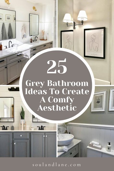 Opt for soft, light grey walls to create a serene backdrop, complemented by darker grey tiles for a touch of depth and sophistication. Incorporate textured accessories like plush towels and a chic shower curtain to add warmth. For a cohesive look, select brushed nickel or matte black fixtures that stand out against the grey palette. This approach ensures your bathroom is not just a functional space but a stylish sanctuary, perfect for unwinding after a long day, offering a blend of comfort and t Grey Bathroom With Blue Accents, Gray Color Schemes Bathroom, Modern Small Bathroom Design Ideas Grey, Bathroom Decor For Grey Bathroom, Grey Bathroom Tiles Ideas, Gray Tile Bathroom Decor Ideas, Grey Tile Bathroom With Wallpaper, Bathroom Tile Ideas Grey White, Gray Tub Bathroom