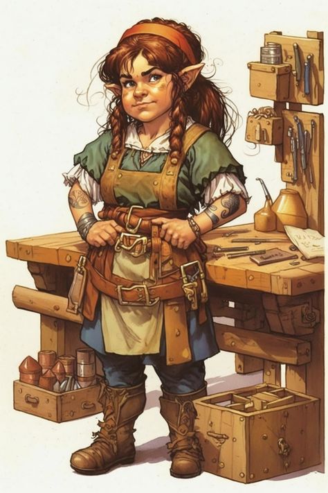 Halfling Artificer Female, Rock Gnome Dnd Female, Gnome Female Dnd, Female Gnome Dnd, Rock Gnome Dnd, Forest Gnome Dnd Female, Dnd Gnome Art, Dnd Halfling Female, Gnome Fantasy Art