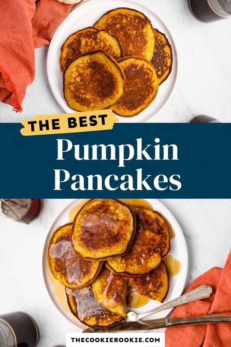 These easy to make Pumpkin Pancakes are my favorite way to start a fall morning! Soft and fluffy homemade pancakes are made with the perfect amount of pumpkin puree, and a medley of warm fall spices like cinnamon and nutmeg. They’re fall flavored, have the best consistency, and pair perfectly with a drizzle of sweet maple syrup! Pop over to my site for the recipe! | breakfast and brunch | pumpkin recipes | easy snacks | fall recipes | Fluffy Homemade Pancakes, Pumpkin Pancakes Easy, Pumpkin Pancake, Homemade Pancakes Fluffy, Pumpkin Breakfast Recipes, Pumpkin Puree Recipes, Pumpkin Spice Pancakes, Pumpkin Pancake Recipe, Frozen Pumpkin