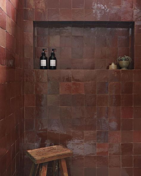 Zia Tile (@zia_tile) • Instagram photos and videos Burgundy Tiles, Zellige Tile Bathroom, Burgundy Bathroom, Brown Tile Bathroom, Penny Tiles, Brown Shower, Zia Tile, Brown Tile, Brown Bathroom