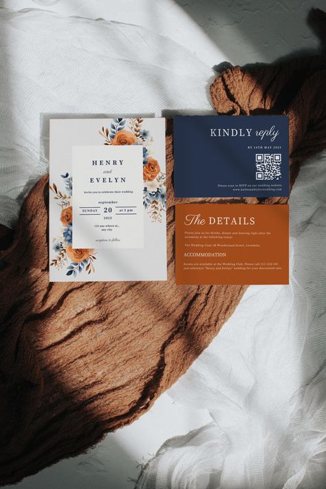 Create a warm and inviting atmosphere with our "Editable Burnt Orange Wedding Invitations Set." This terracotta and navy blue wedding invitation includes an RSVP QR code, perfect for fall wedding ideas featuring navy and burnt orange tones. 𝑵𝑶𝑻𝑬: 𝑨𝒍𝒍 𝒕𝒆𝒙𝒕 𝒊𝒔 𝒆𝒅𝒊𝒕𝒂𝒃𝒍𝒆. 𝑮𝒓𝒂𝒑𝒉𝒊𝒄𝒔 𝒂𝒓𝒆 𝒏𝒐𝒕.  𝑯𝑶𝑾 𝑫𝑶𝑬𝑺 𝑰𝑻 𝑾𝑶𝑹𝑲?  You can instantly download and customize this 5x7 and 5 x 3.5 inch insert templates to fit your needs. Add the couple's names, location of the ev Burnt Orange Wedding Invitations, Blue Orange Weddings, Blue Fall Wedding, Orange Wedding Decorations, Rsvp Qr Code, Wedding Invitations Set, Wedding Color Schemes Blue, Orange Wedding Themes, Burnt Orange Wedding