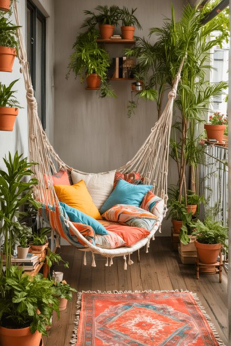 Balcony Swing Ideas, Swings In Balcony, Garden Apartment Ideas, Mini Balcony Ideas, Terasa Ideas, Loft Conversion Balcony, Balcony Patio Ideas, Balcony Garden Ideas, Small Balcony Garden