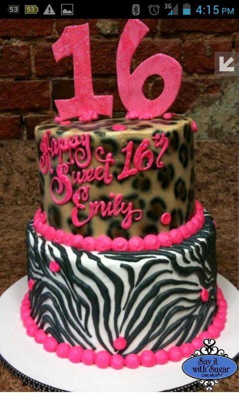 Or this one 16th Birthday Cake For Girls, Cheetah Print Cakes, Sweet Sixteen Cakes, 11 Birthday, Sweet 16 Birthday Cake, Zebra Cake, Sweet 16 Cakes, 16 Cake, 16 Birthday Cake