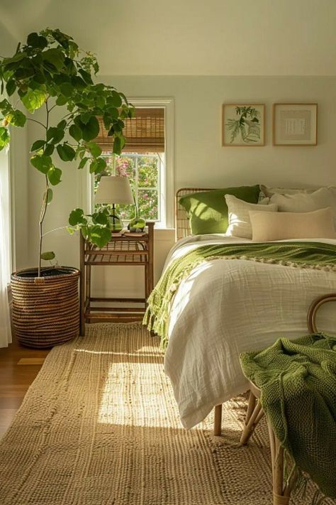 Bedroom Inspo Clean Aesthetic, Tropical Island Bedroom Ideas, Bedroom Inspo Mediterranean, Cool Earthy Bedroom, How To Use Window Space In Bedroom, Minimal Bedroom With Pops Of Color, Bedroom Jute Rug, Natural Carpet Bedroom, Bedroom Inspo Boho Minimalist