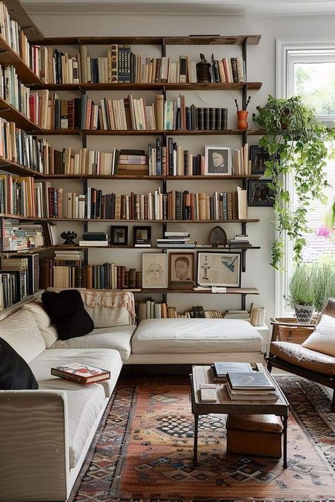 Books In The Living Room, Library Unit Design Bookshelves, Apartment Bookcase Ideas, Wall Shelving Living Room, Living Room Decor Shelves, Library Wall In Living Room, Shelving In Living Room, Office Library Design, Book Shelves In Living Room