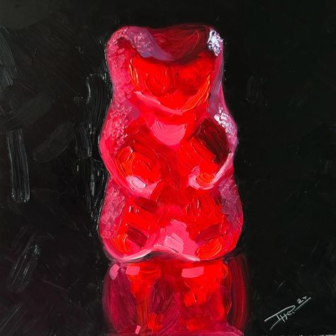 Red gummybear! 🐻 Went for big and rough strokes on a smooth panel. Swipe for some juicy closeups. Sure was a fun experiment and it required a very different approach than I normally do😊. #GummyBearArt #OilPainting Red Oil Pastel Art, Gummy Bears Painting, Gummy Bear Painting, Bear Oil Painting, Bear Paintings, Texture Drawing, Bear Drawing, Red Painting, Oil Pastel Art