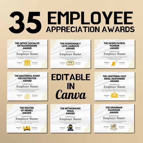 Celebrate your hardworking team members and employees with our beautifully designed Employee Recognition Award Certificates. These printable templates are the perfect way to acknowledge the dedication and effort of your staff, whether it's for celebrating Employee's Birthday, Work milestone or Anniversary, Employee of the Month or Employee of the Year awards or any other special recognition and special achievements ceremonies. INCLUDED: - 35 Employee Recognition Award Certificates; - Printable f Funny Office Awards, Funny Employee Awards, Employee Awards Certificates, Funny Awards Certificates, Employee Appreciation Awards, Funny Certificates, Staff Awards, Funny Awards, Office Awards