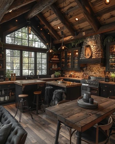 Dark Lodge Aesthetic, Dark Log Cabin Homes Interior, Dark Cabin Aesthetic, Rustic Dark Kitchen, Dark Cabin Interior, Black Cabin Interior, Dark Rustic Home Decor, Dark Wood Cabin, Dark Rustic Kitchen