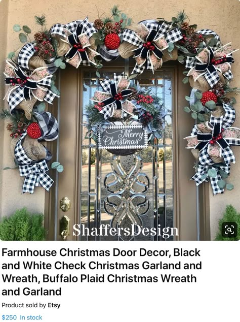 Farmhouse Christmas Door Garland, Red Black And White Christmas Decor, Black And White Garland, Christmas Tree Ideas Diy, Buffalo Plaid Garland, Wired Ribbon Bows, Front Door Christmas Decor, Grapevine Christmas Wreath, Buffalo Plaid Christmas Wreath