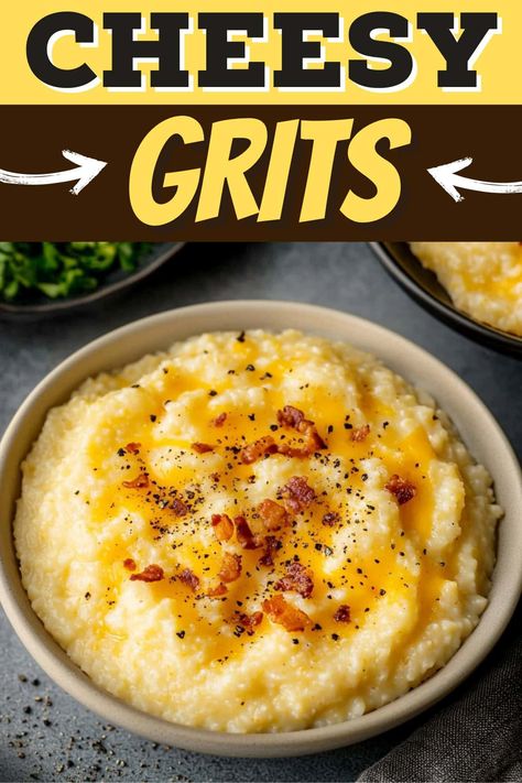 Get a taste of the South with these classic cheesy grits! They're perfect for breakfast, lunch, dinner, or anytime a craving strikes. Grits With Cheese, Cheese Grits With Velveeta, Cheesy Grits Recipe Pioneer Woman, Cheese Grits Recipe Southern Style, Grits Casserole Breakfast, Easy Cheese Grits Recipe, Southern Grits Recipe, Grits Dishes, Creamy Grits Recipe